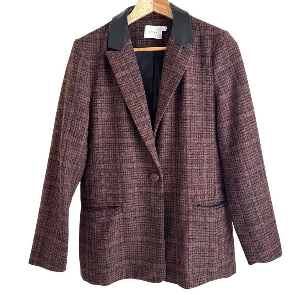 Lush Brown Tweed Wool Blend Faux Leather Collar One Button Preppy Blazer
